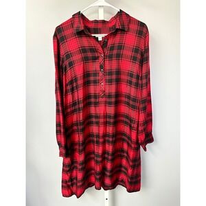 JJill Plaid Shirt Dress Long Sleeve Button Up Red Black Casual Size M